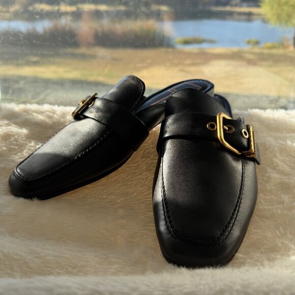 Dolce Vita Black Leather Mules With Gold Buckle Detail Size 8.5 - Picture 1 of 10